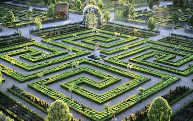 Maze Garden at Château of Villandry with intricate hedges and central fountain.