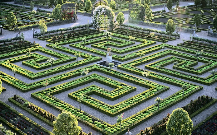 Maze Garden at Château of Villandry with intricate hedges and central fountain.