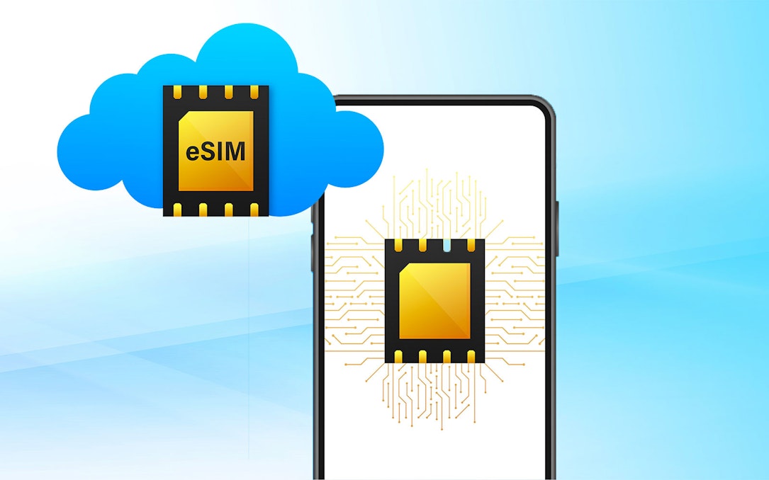 Smartphone displaying Japan eSIM technology with cloud connectivity.
