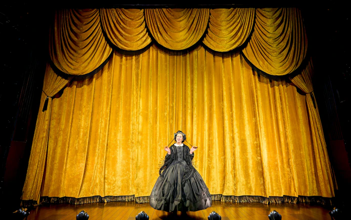 Performer in period costume on stage with golden curtains during "Oh Mary!" show.