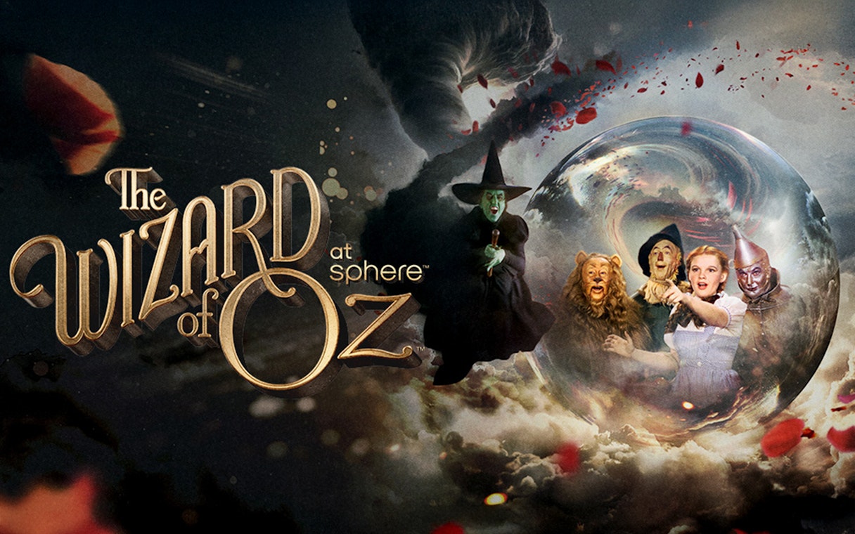 Wizard of Oz characters at Sphere with tornado and magical elements.