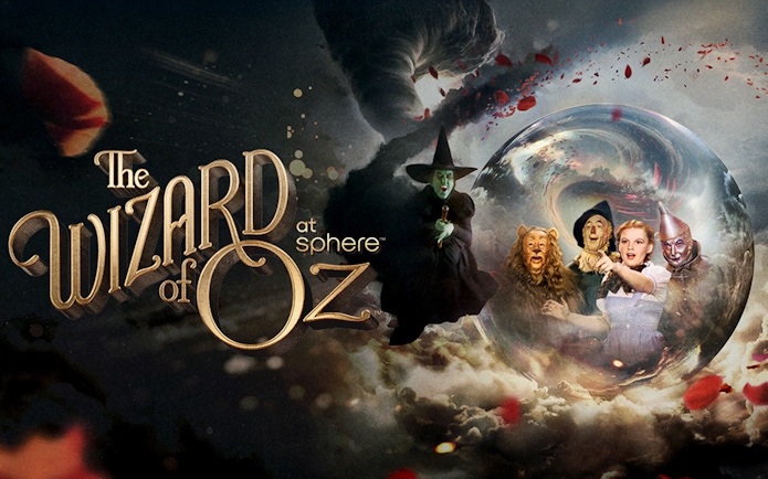 Wizard of Oz characters at Sphere with tornado and magical elements.