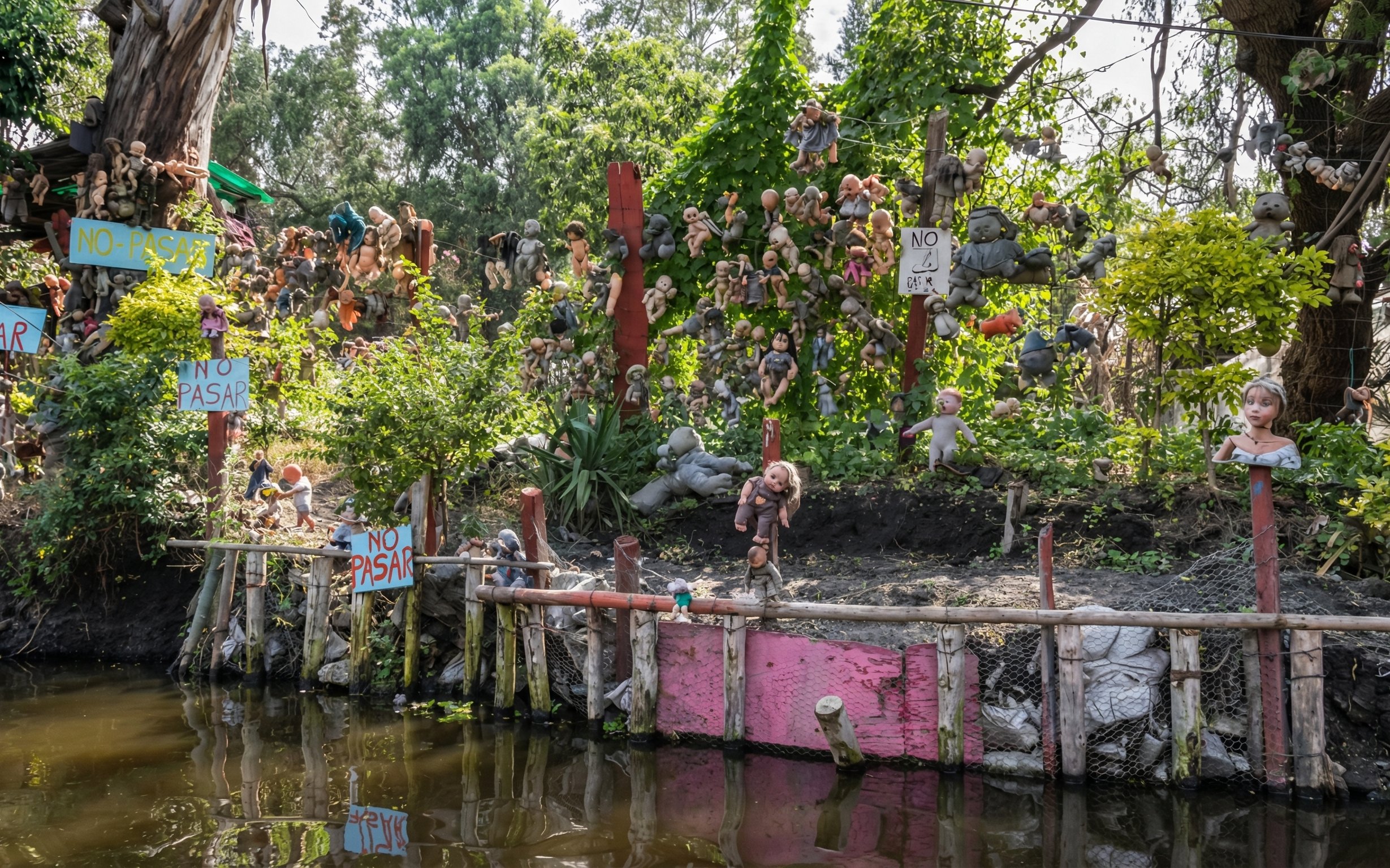 Dolls hanging on trees at Xochimilco's Island of the Dolls, Mexico City.