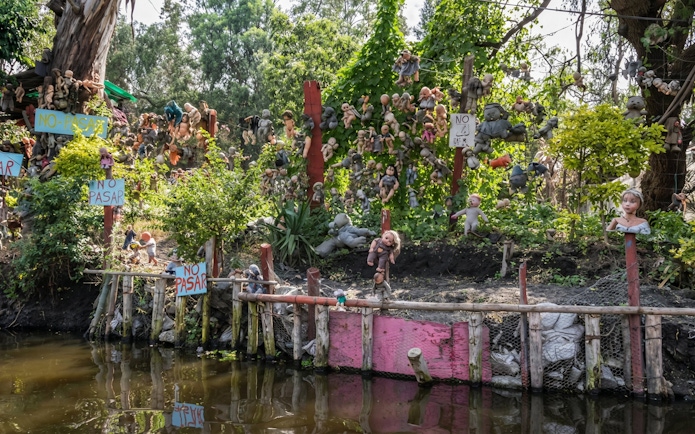 Dolls hanging on trees at Xochimilco's Island of the Dolls, Mexico City.