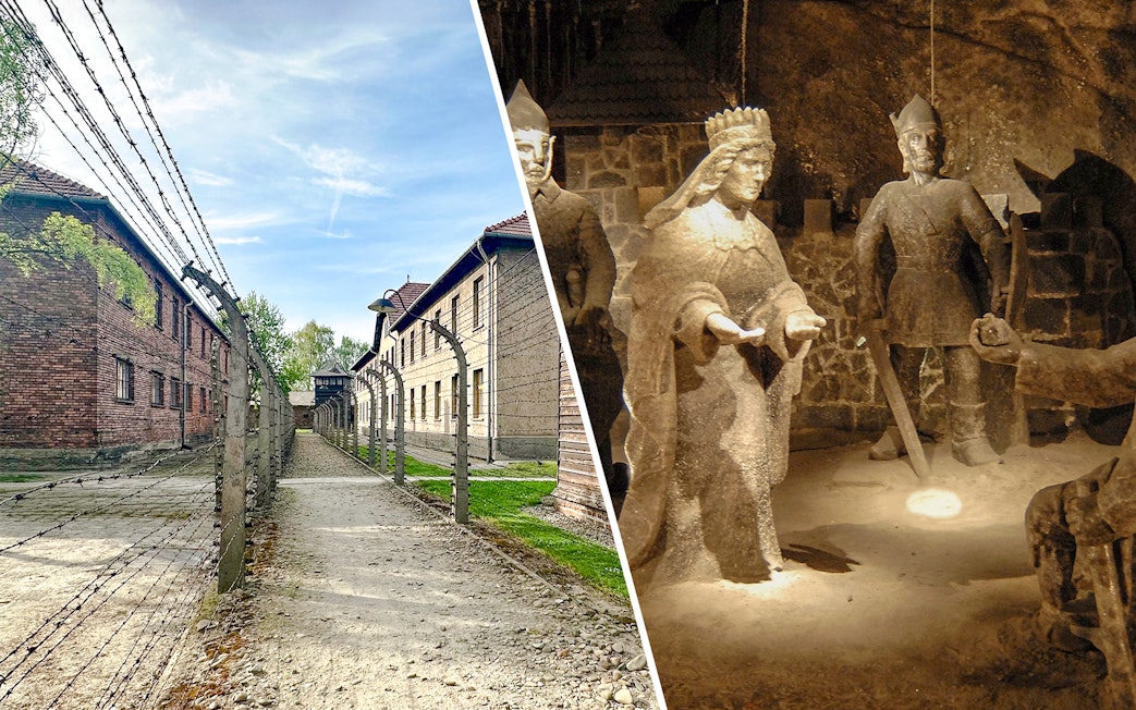 Auschwitz-Birkenau barbed wire fence and Wieliczka Salt Mine sculptures, Krakow tour.
