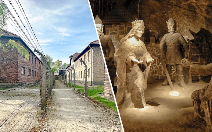 Auschwitz-Birkenau barbed wire fence and Wieliczka Salt Mine sculptures, Krakow tour.