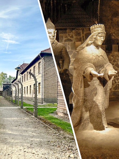 Auschwitz-Birkenau barbed wire fence and Wieliczka Salt Mine sculptures, Krakow tour.