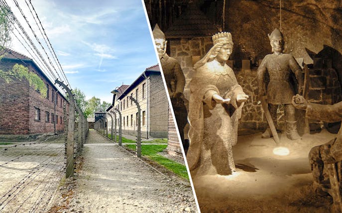 Auschwitz-Birkenau barbed wire fence and Wieliczka Salt Mine sculptures, Krakow tour.