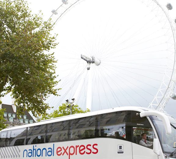 National Express bus near the London Eye, route from Luton Airport.