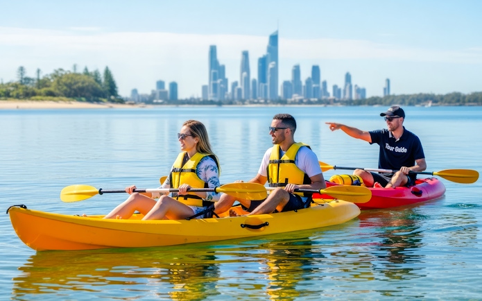 Couple kayaking with guide on Broadwater, Gold Coast, city skyline in background.
