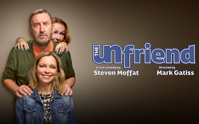 Three people posing for "The Unfriend" comedy by Steven Moffat, directed by Mark Gatiss.