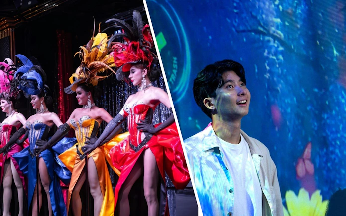 Calypso Cabaret performers in colorful costumes, Bangkok; interactive exhibit on environmental awareness.