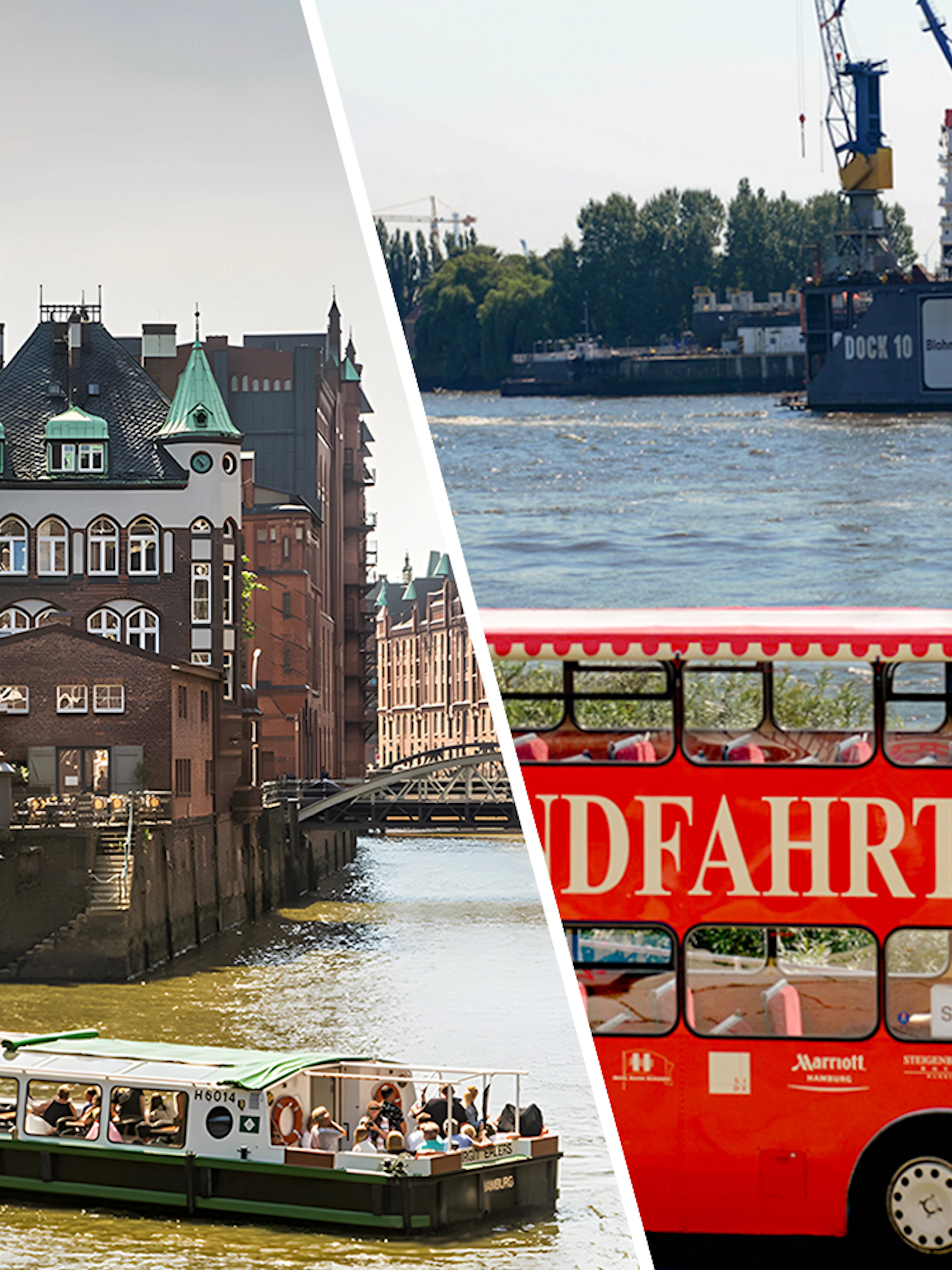 Boat tour on Hamburg canal and red double-decker bus by the harbor.