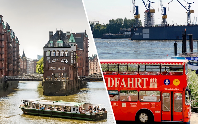 Boat tour on Hamburg canal and red double-decker bus by the harbor.