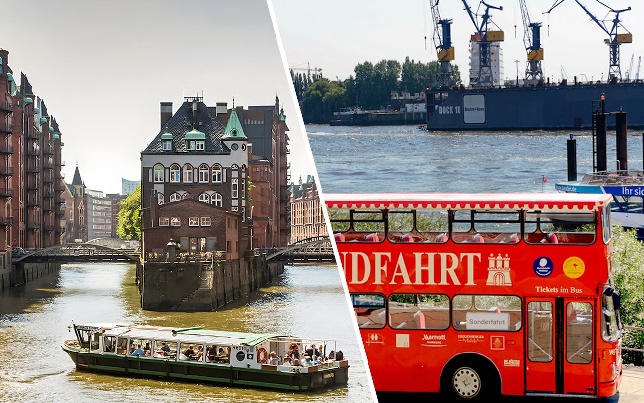 Boat tour on Hamburg canal and red double-decker bus by the harbor.