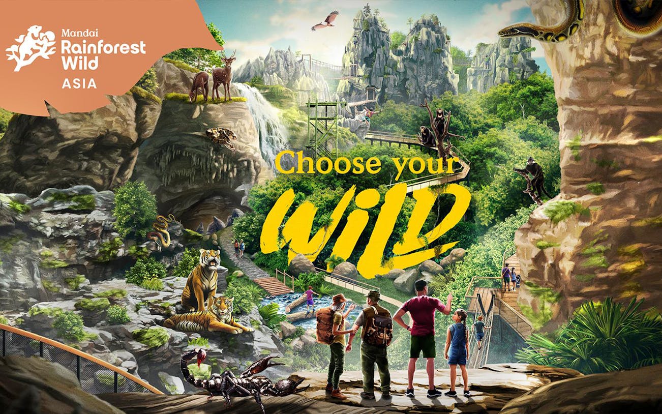 Visitors exploring Mandai Rainforest Wild Asia with diverse wildlife and lush landscapes.