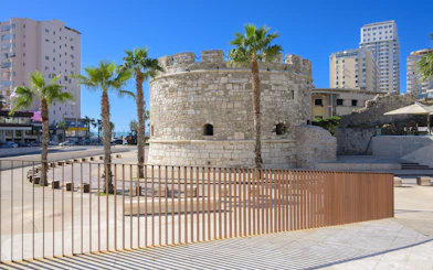 Venetian Tower of Durres with palm trees and modern buildings in the background, Albania.
