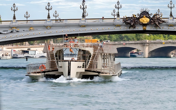Seine River cruise boat passing under Pont Alexandre III in Paris.