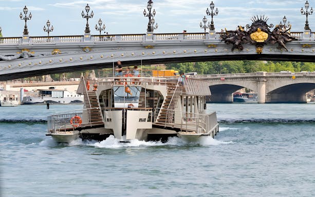 Seine River cruise boat passing under Pont Alexandre III in Paris.