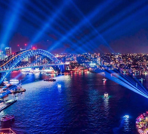 Sydney Harbour Bridge illuminated during Vivid Sydney festival.