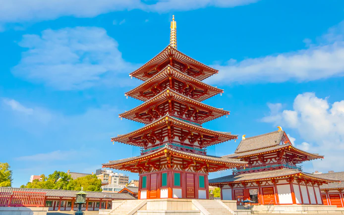 Pagoda at Shitennoji Temple in Osaka, Japan, included in Osaka e-Pass.