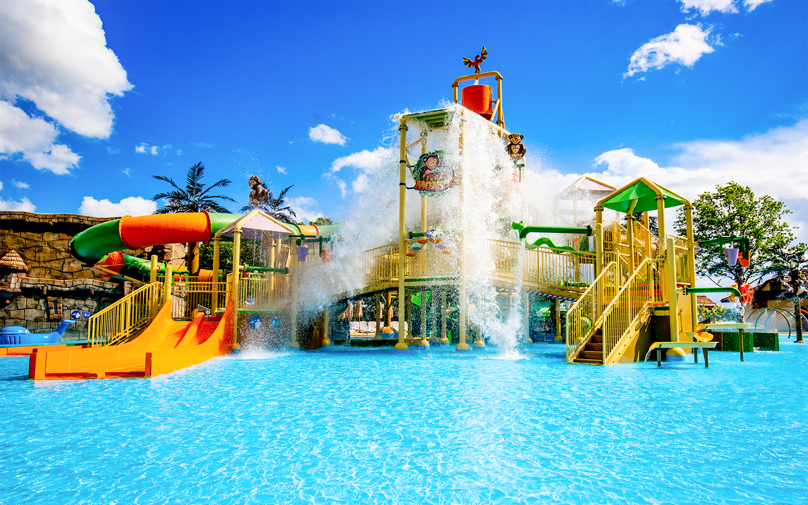 Water slides and splash area at Poland's largest open-air water park in Energylandia, Zator.