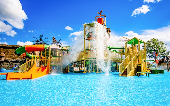 Water slides and splash area at Poland's largest open-air water park in Energylandia, Zator.