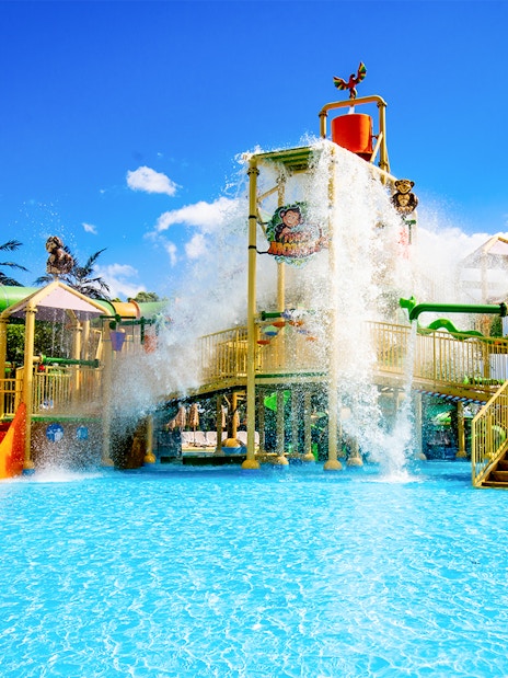 Water slides and splash area at Poland's largest open-air water park in Energylandia, Zator.