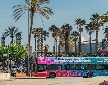 Barcelona Bus Turistic passing palm trees on a sunny day.