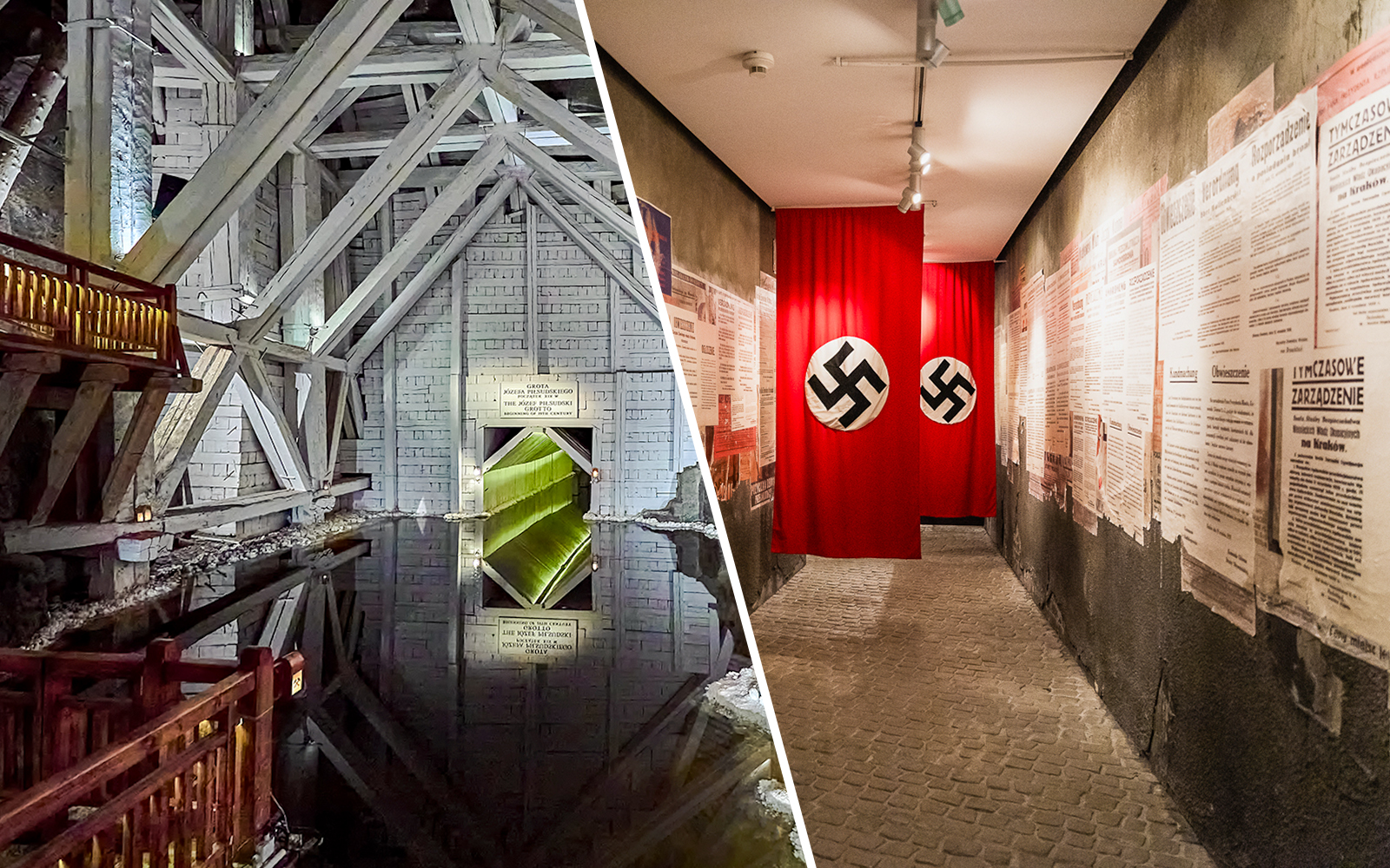 Wieliczka Salt Mine chamber with wooden supports and historical exhibit in Poland.