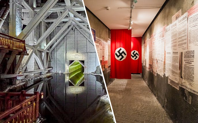 Wieliczka Salt Mine chamber with wooden supports and historical exhibit in Poland.
