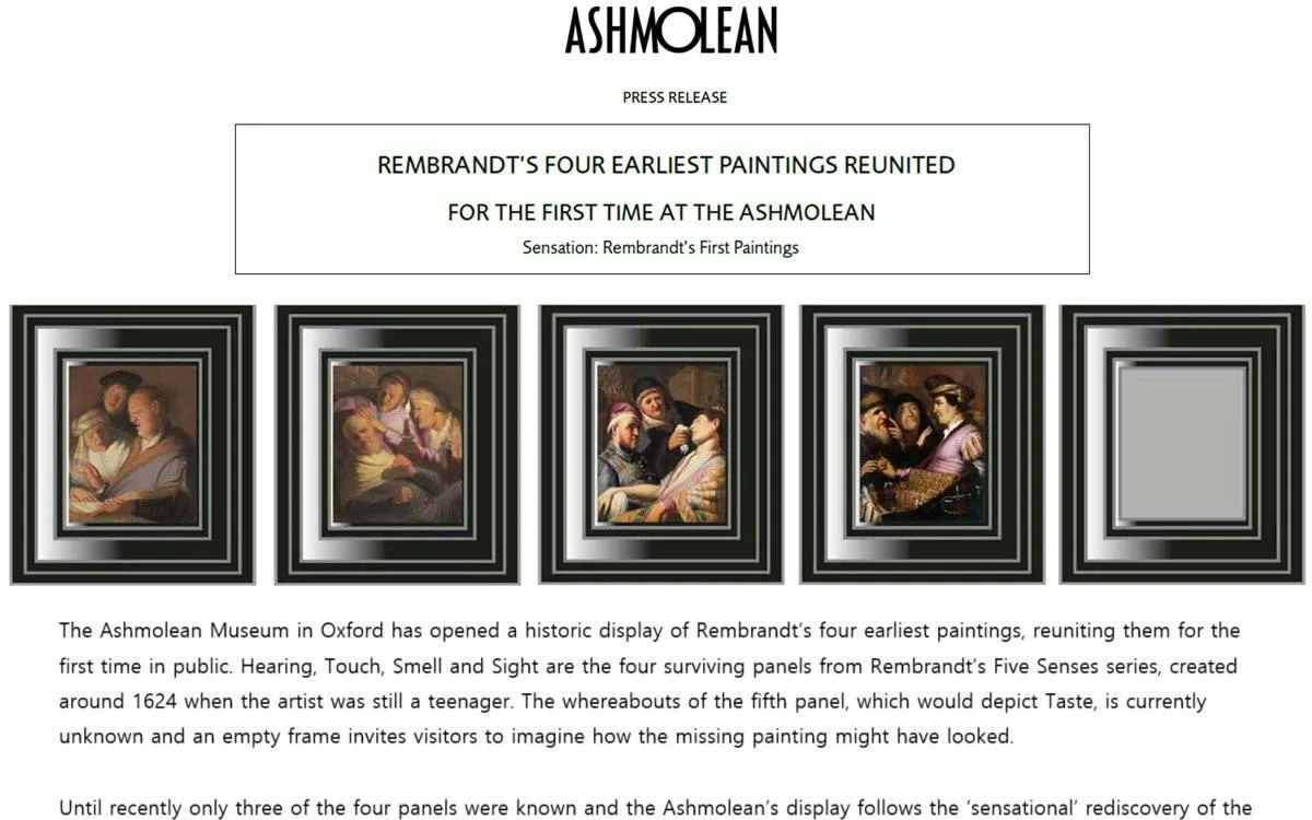 Rembrandt's early paintings displayed at Ashmolean Museum, Oxford, part of Amsterdam exploration game.