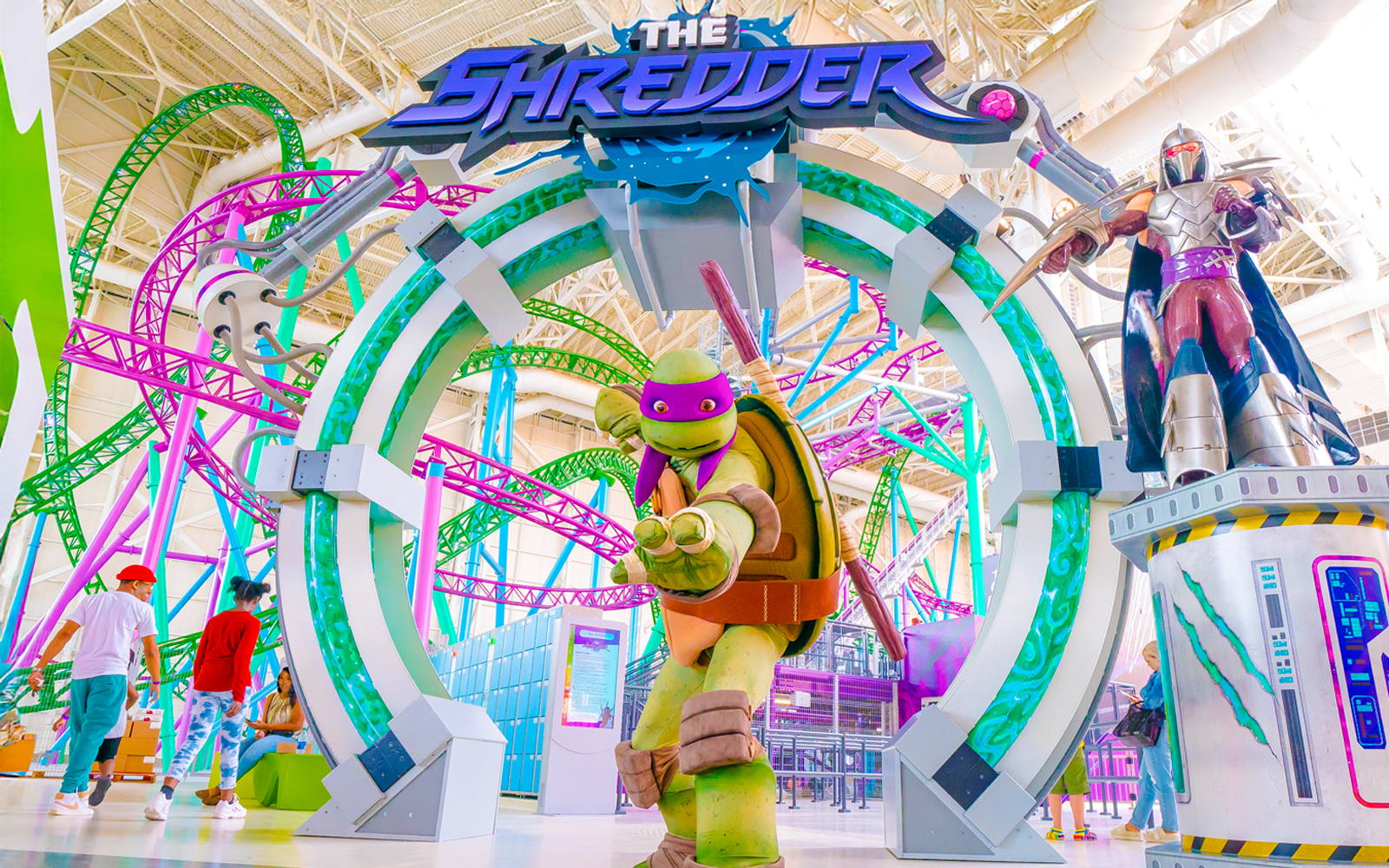 Teenage Mutant Ninja Turtle statue at The Shredder ride, American Dream Nickelodeon Universe.