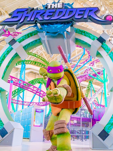 Teenage Mutant Ninja Turtle statue at The Shredder ride, American Dream Nickelodeon Universe.