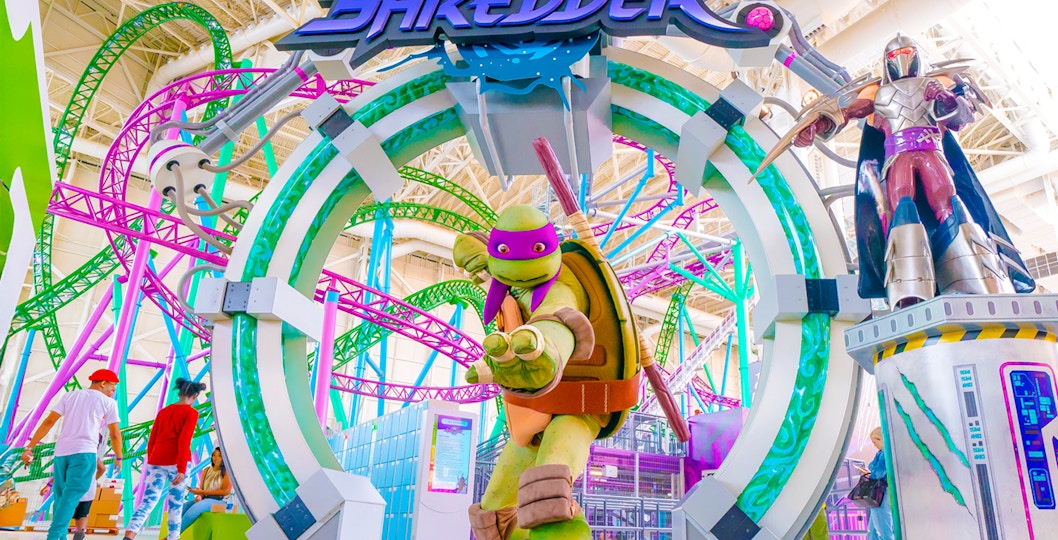 Teenage Mutant Ninja Turtle statue at The Shredder ride, American Dream Nickelodeon Universe.