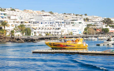 Tourist boat departing from Lanzarote port for dolphin watching.