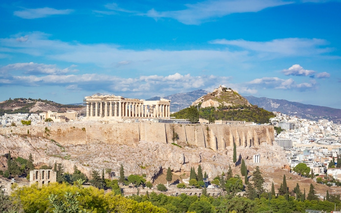Athens Acropolis with Parthenon and Lycabettus Hill in the background.