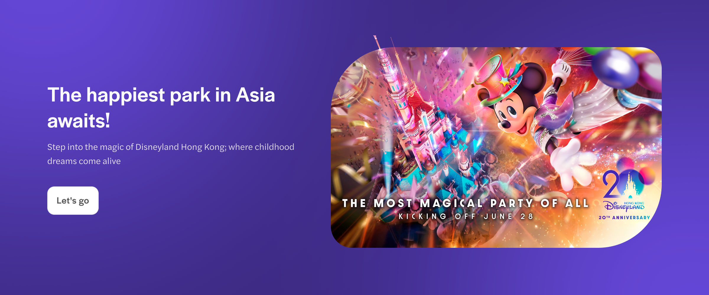 Disneyland Hong Kong celebration with castle and character in festive attire.