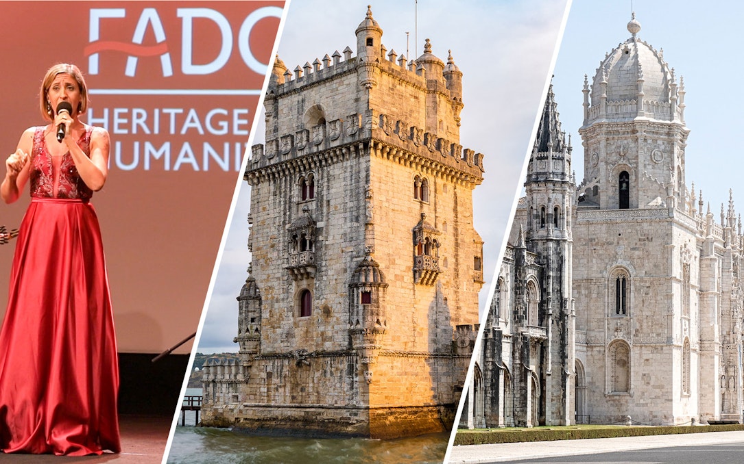Fado singer performing, Belém Tower, and Jerónimos Monastery in Lisbon.