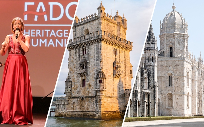 Fado singer performing, Belém Tower, and Jerónimos Monastery in Lisbon.