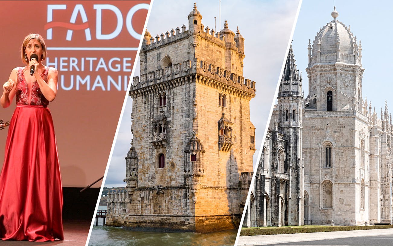 Fado singer performing, Belém Tower, and Jerónimos Monastery in Lisbon.