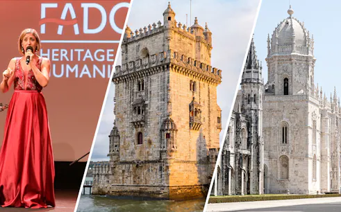 Fado singer performing, Belém Tower, and Jerónimos Monastery in Lisbon.
