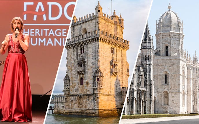Fado singer performing, Belém Tower, and Jerónimos Monastery in Lisbon.
