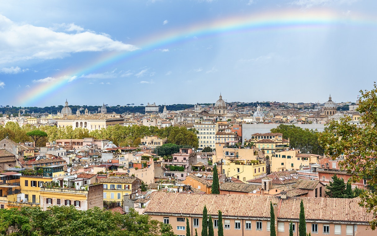Arial view of Rome with a rainbow from Janiculum Hill, Italy.