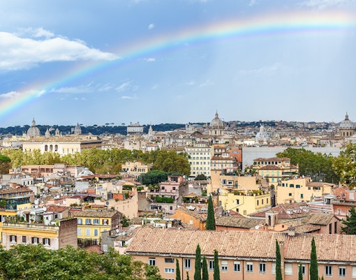 Arial view of Rome with a rainbow from Janiculum Hill, Italy.