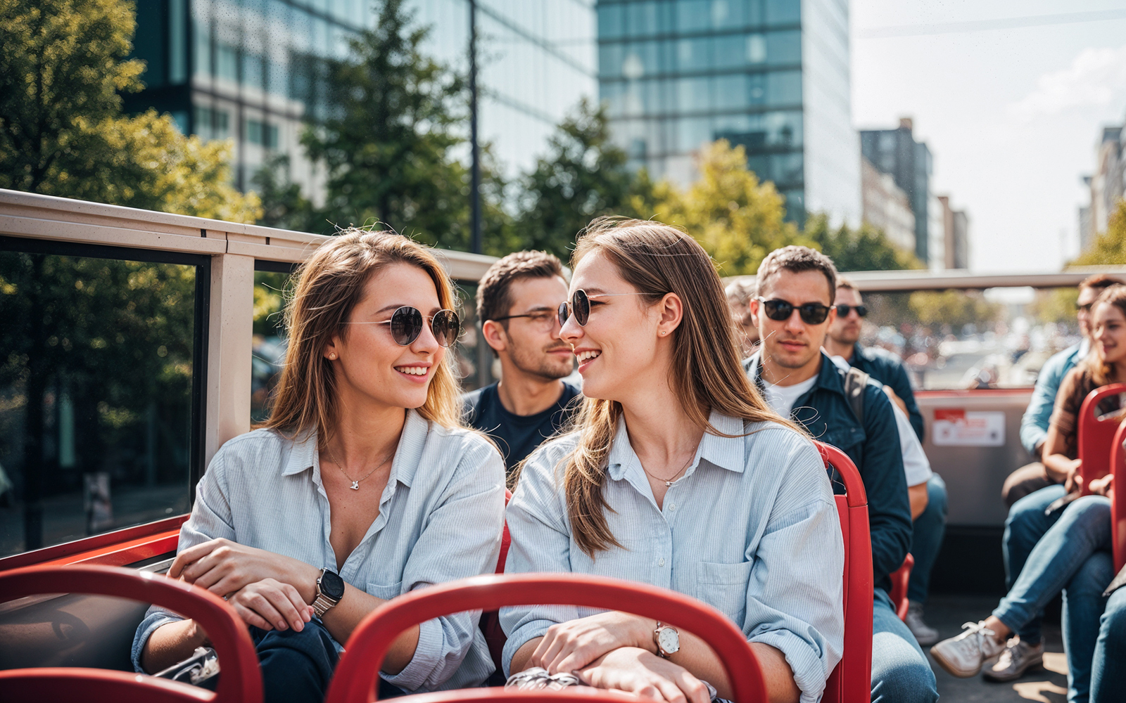 Tourists enjoying a city view from a hop on hop off bus.