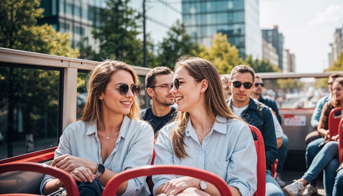 happy women on the hop on hop off bus