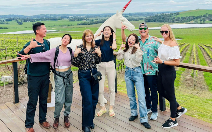 Group enjoying Yarra Valley Wine Tour with vineyard backdrop.
