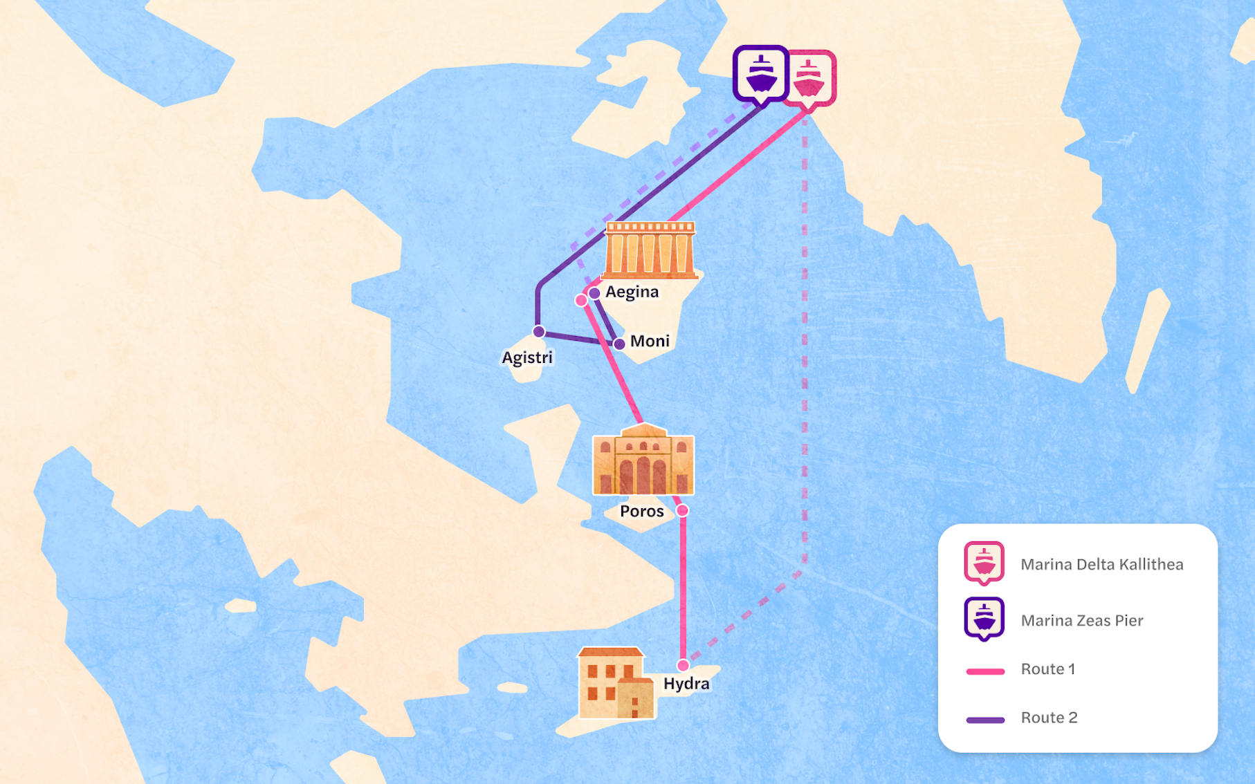 Athens cruise route map highlighting key stops and attractions.