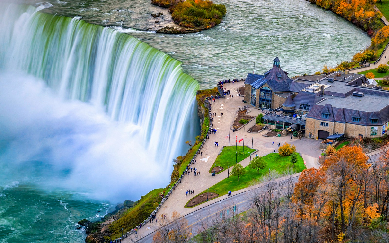 Table Rock overlooking Niagara Falls in Ontario, Canada, with mist rising from the waterfall.